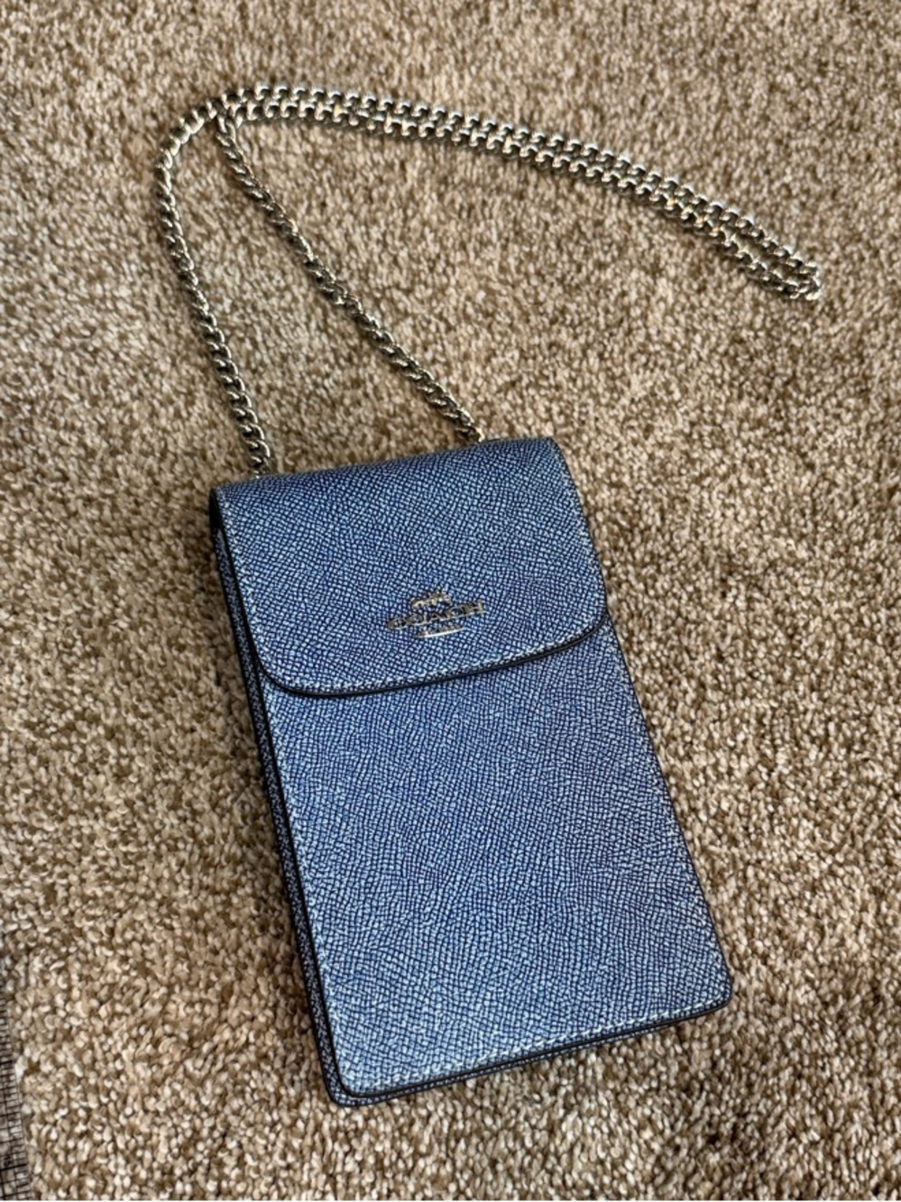 Coach North South Light Denim Blue Leather Crossbody Phone Bag
